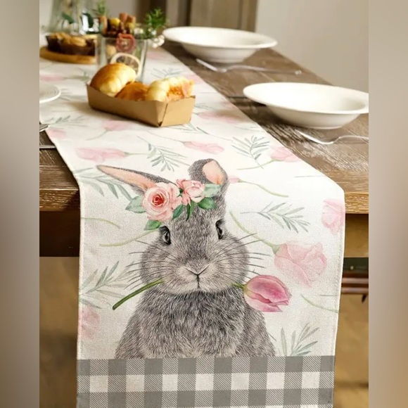 Easter Spring Rabbit Pink Floral Gray Plaid Cream Burlap Reversible Table Runner - Picture 1 of 3